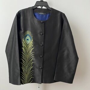 The Metropolitan Museum of Art Silk Quirky Peacock Embroidered Jacket‎ L Blk